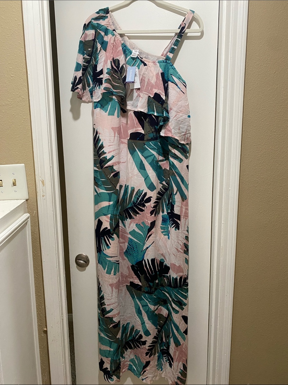 Motherhood Maternity One-Shoulder Tropical Maxi Dress in Pink & Teal